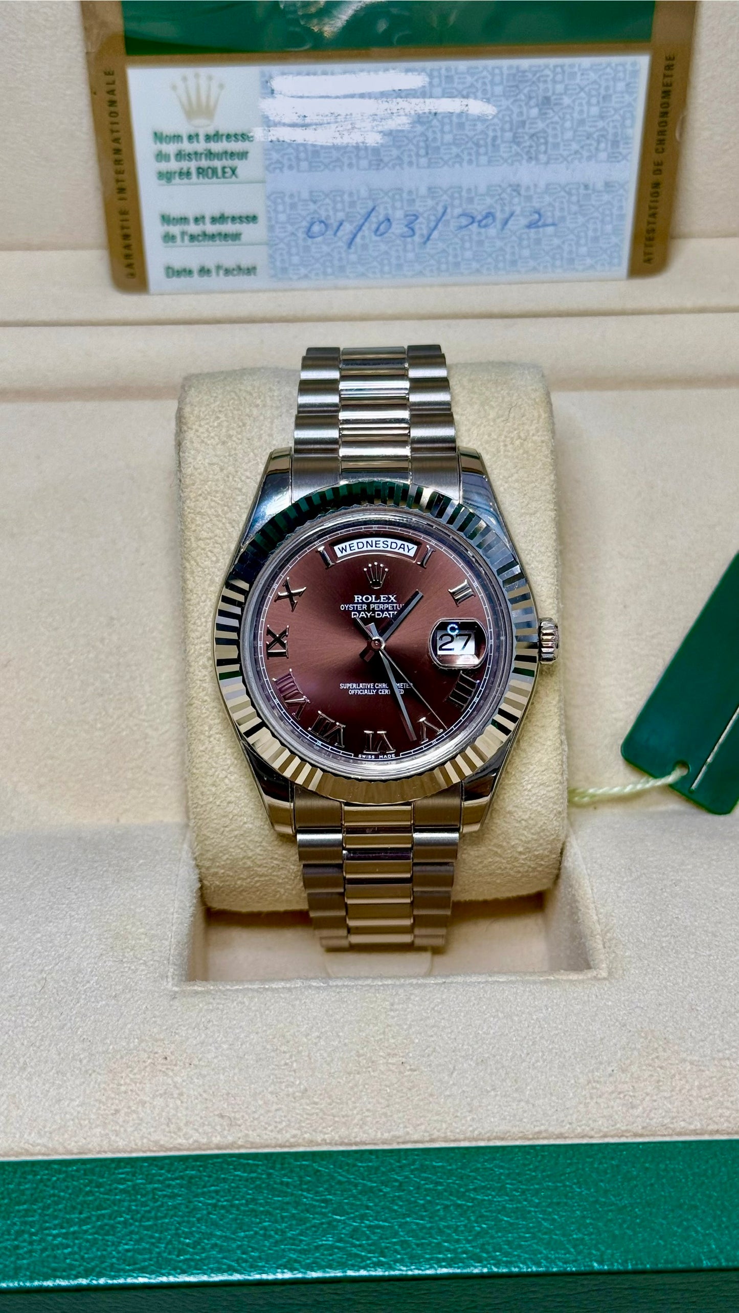 Rolex Day-Date II Brown Dial on Leather Strap 218239 Card 2012