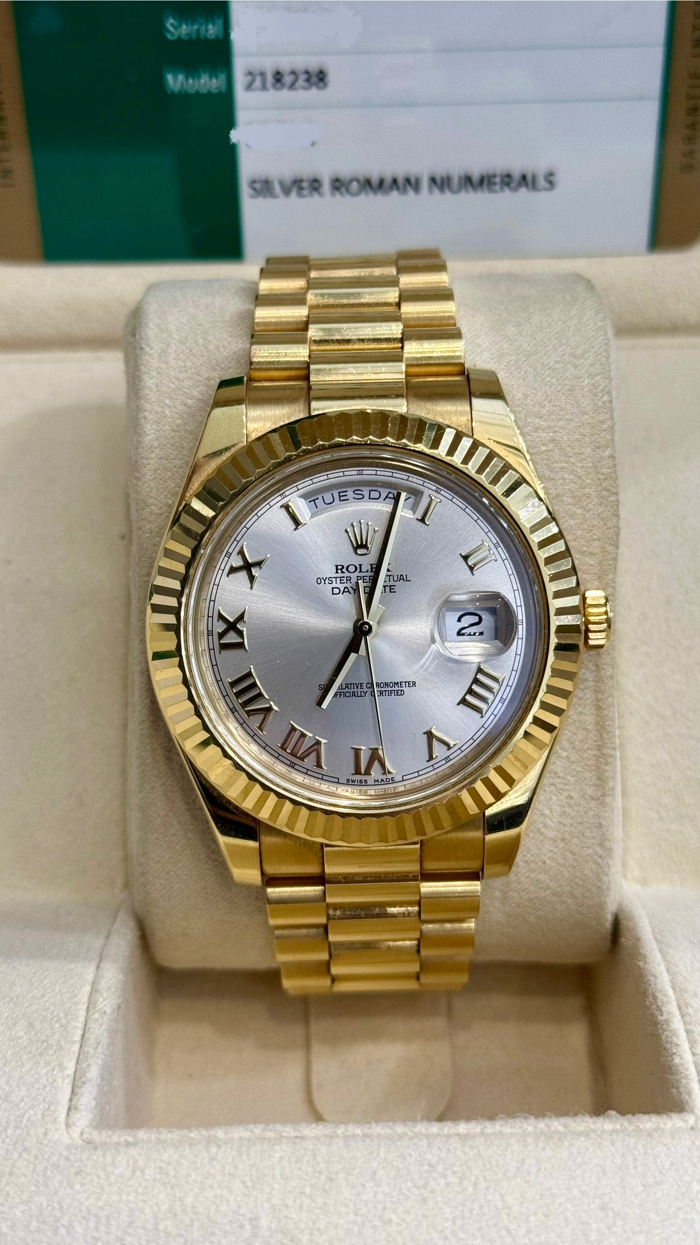 Rolex Day-Date II silver dial Dial on 218238 Card 2015