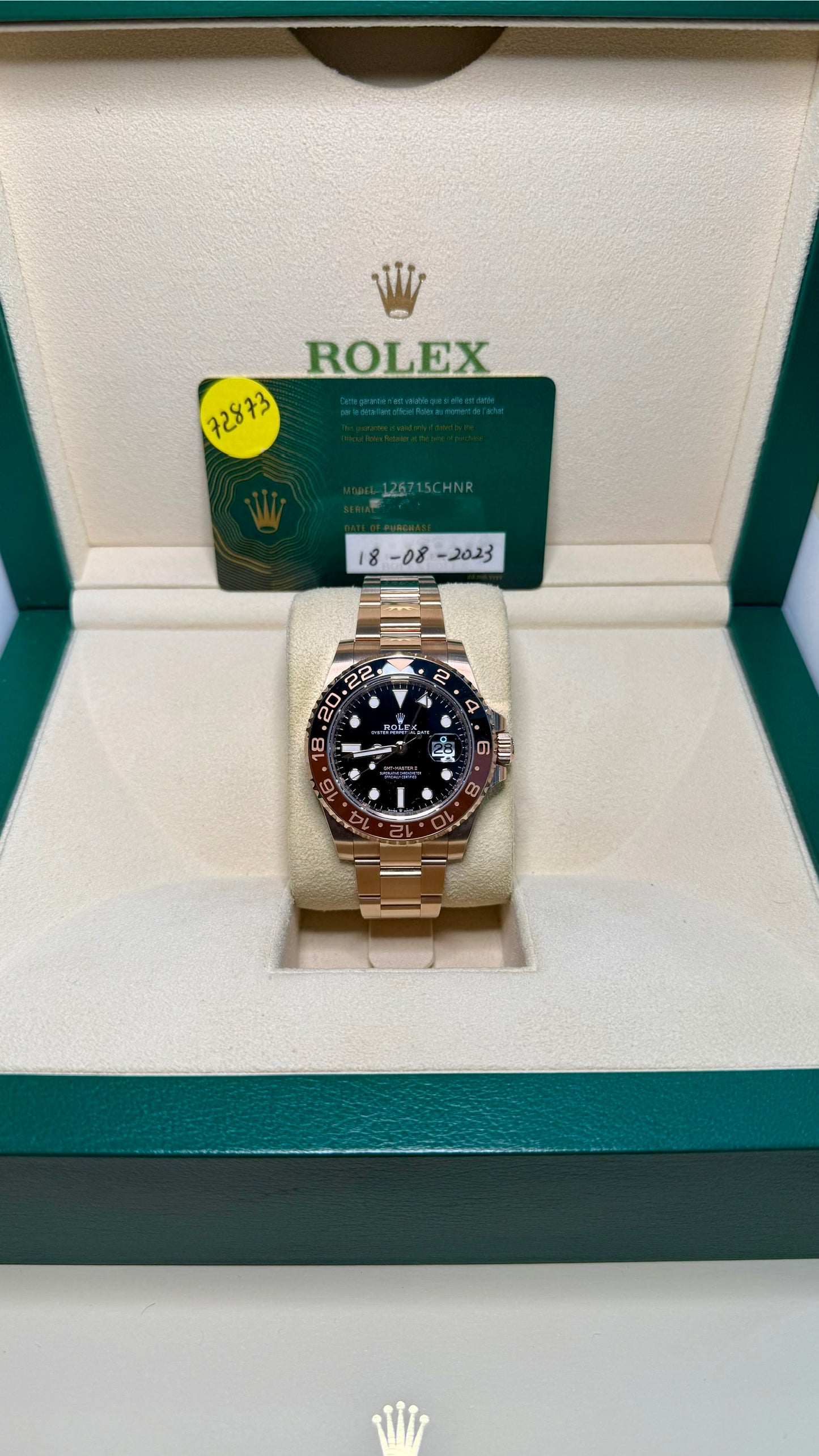 Rolex GMT-Master II Root Beer Black Dial on Oyster 126715CHNR Card 2023