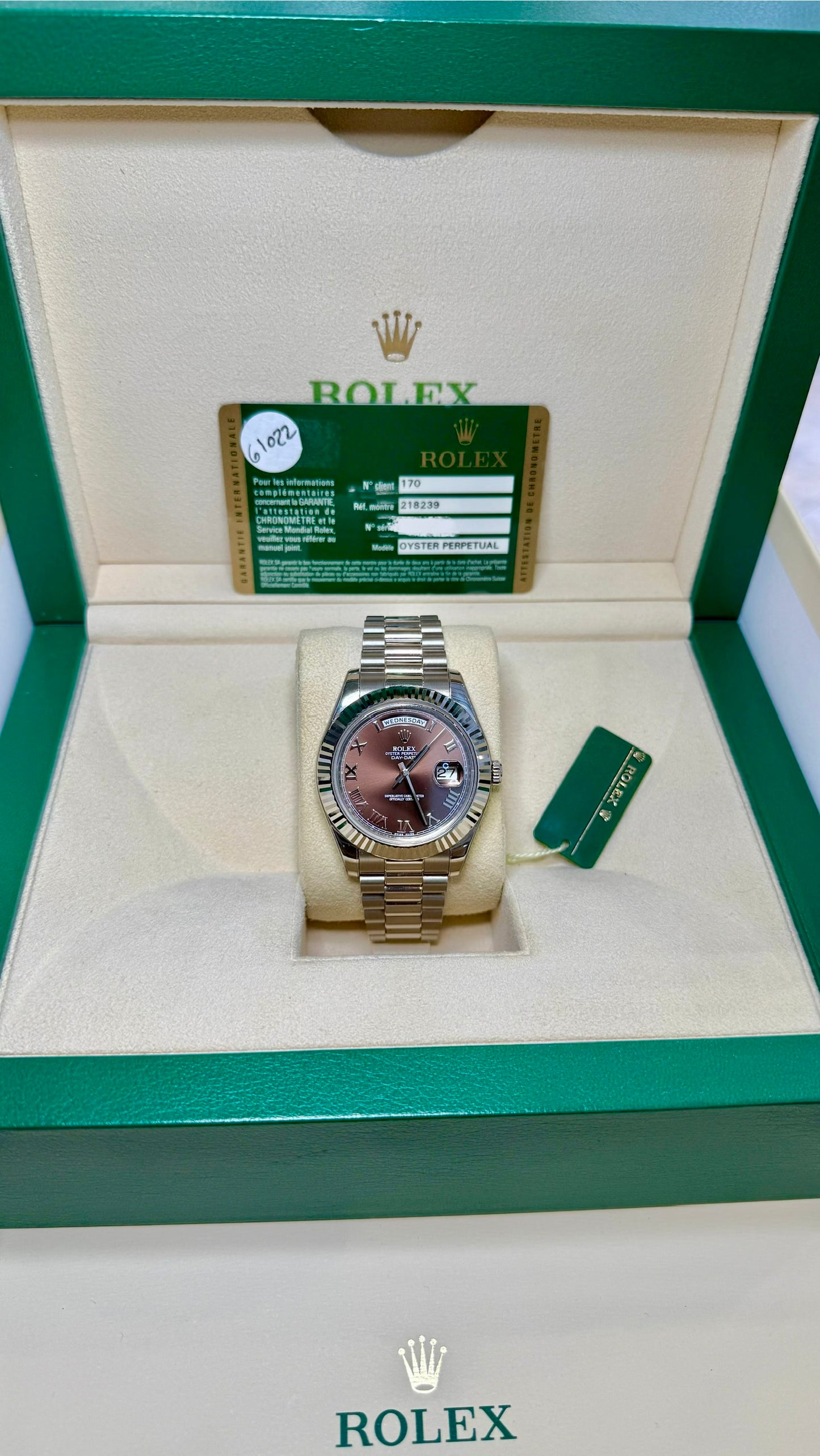 Rolex Day-Date II Brown Dial on Leather Strap 218239 Card 2012