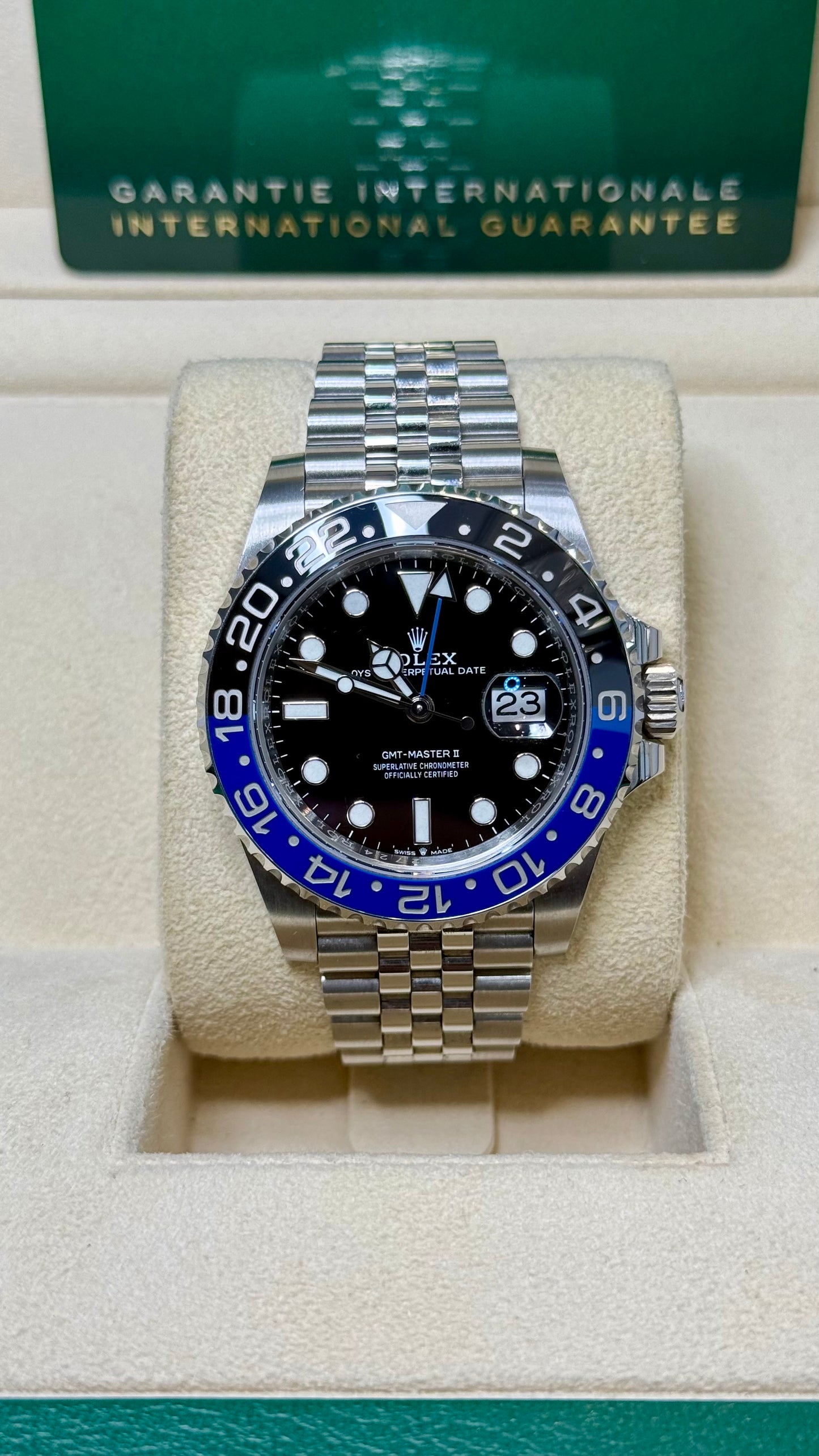 Rolex GMT-Master II Batgirl Black Dial on Jubilee 126710BLNR Card 2023